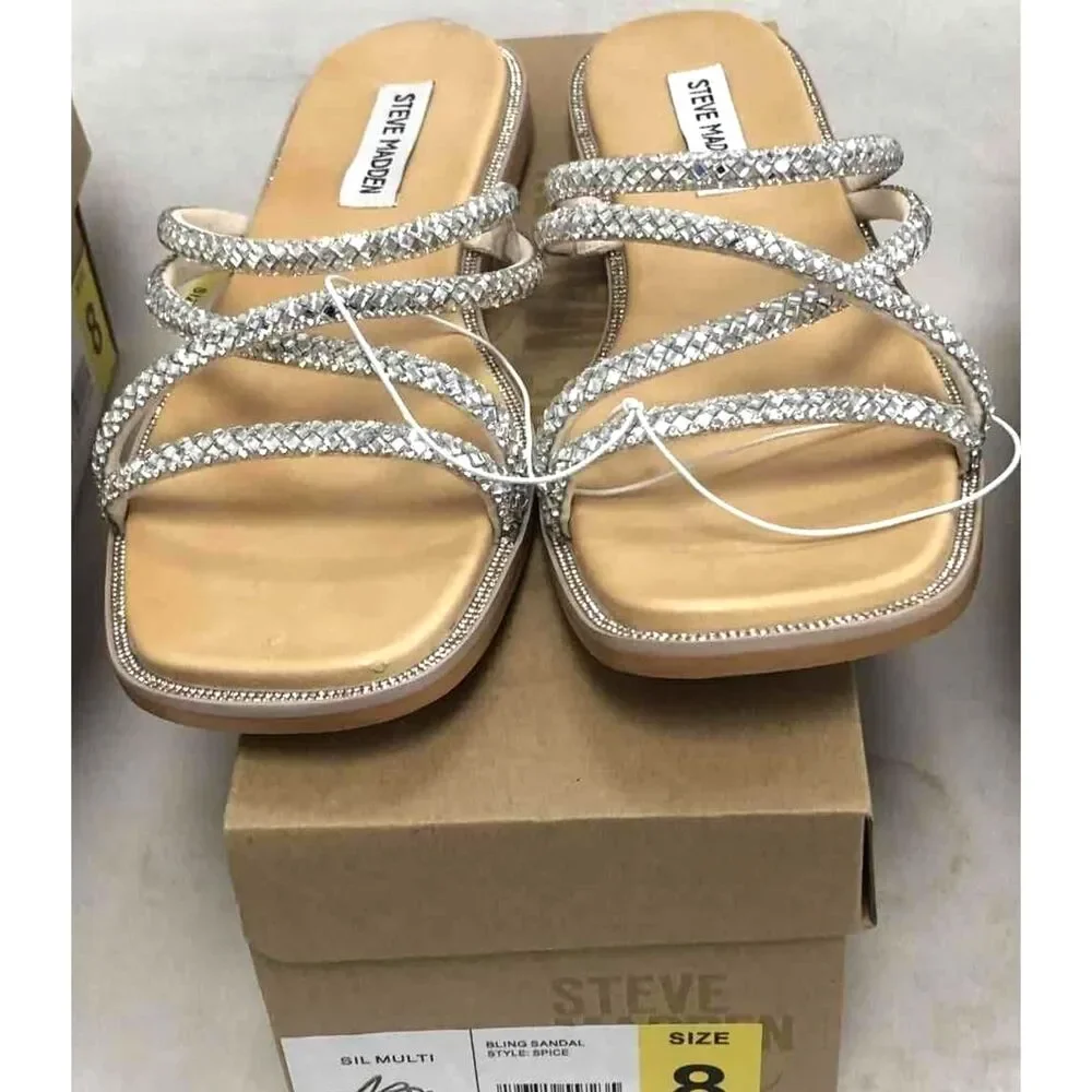 Steve Madden Spice Silver Multi Bling Slide Sandal Women's Size 8 DS